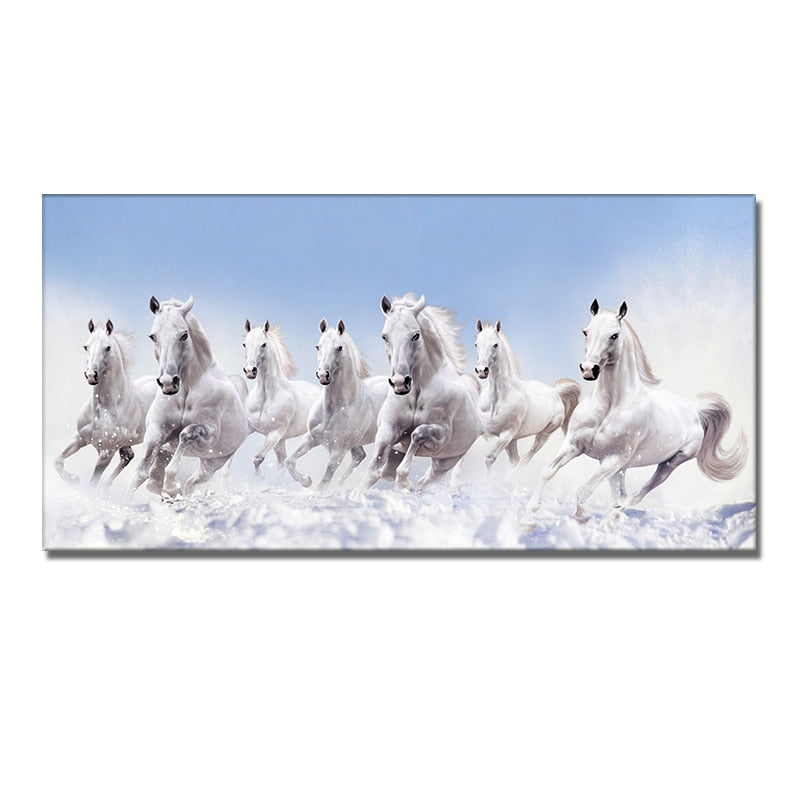 Seven Running White Horse Gold Wall Art Canvas