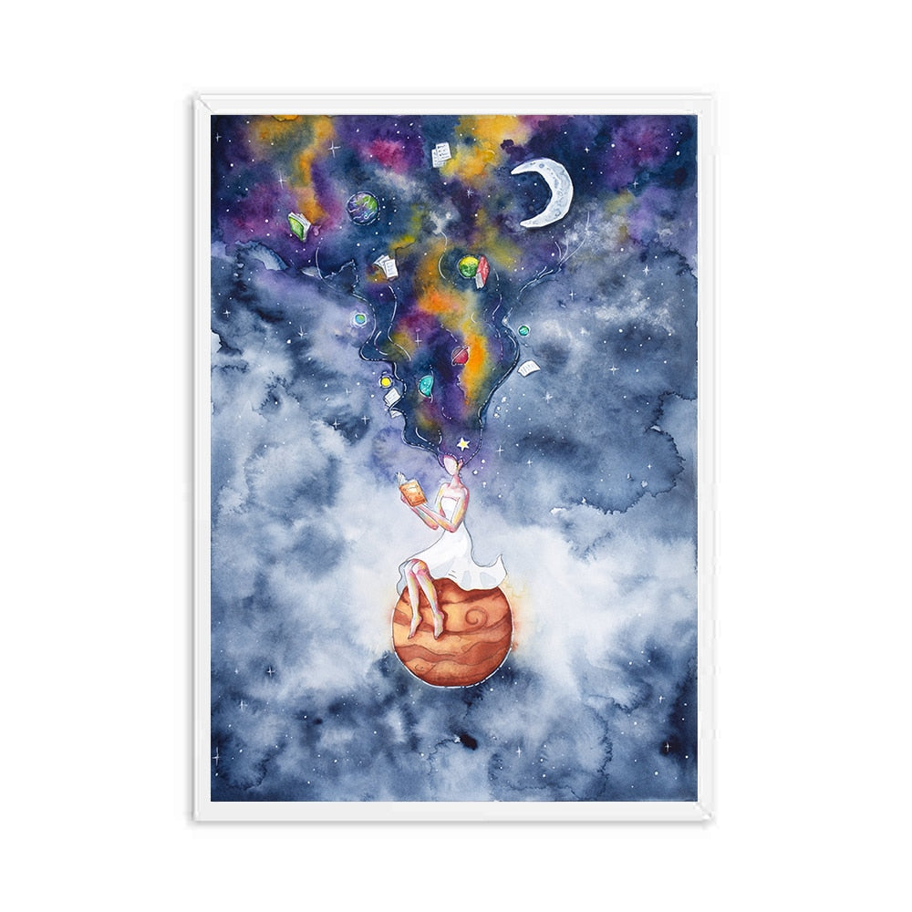 Solar System Watercolor Fantasy Planet Space Canvas Art