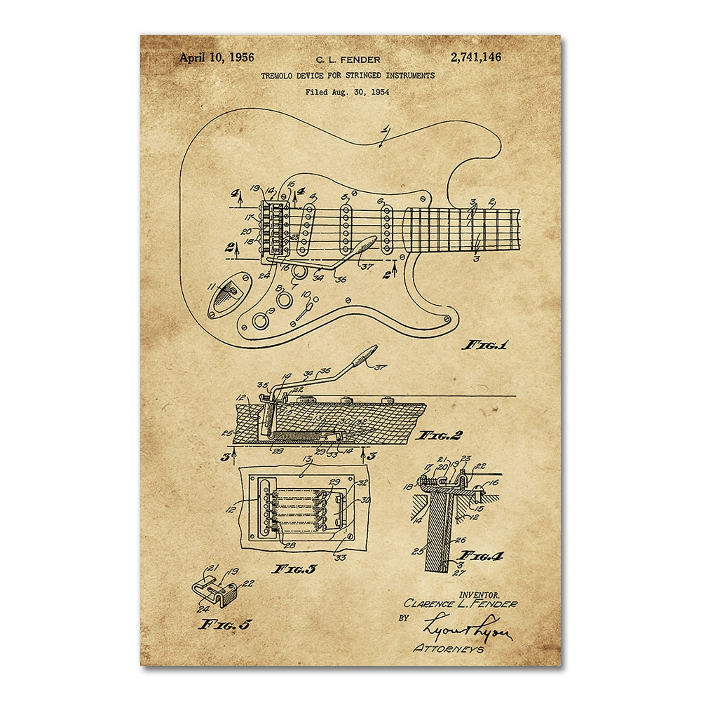 Electric Guitar Fender Tremolo Blueprint Canvas Art