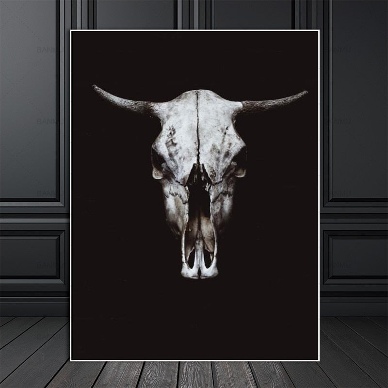 Nordic Black White Cow Skull Canvas Art