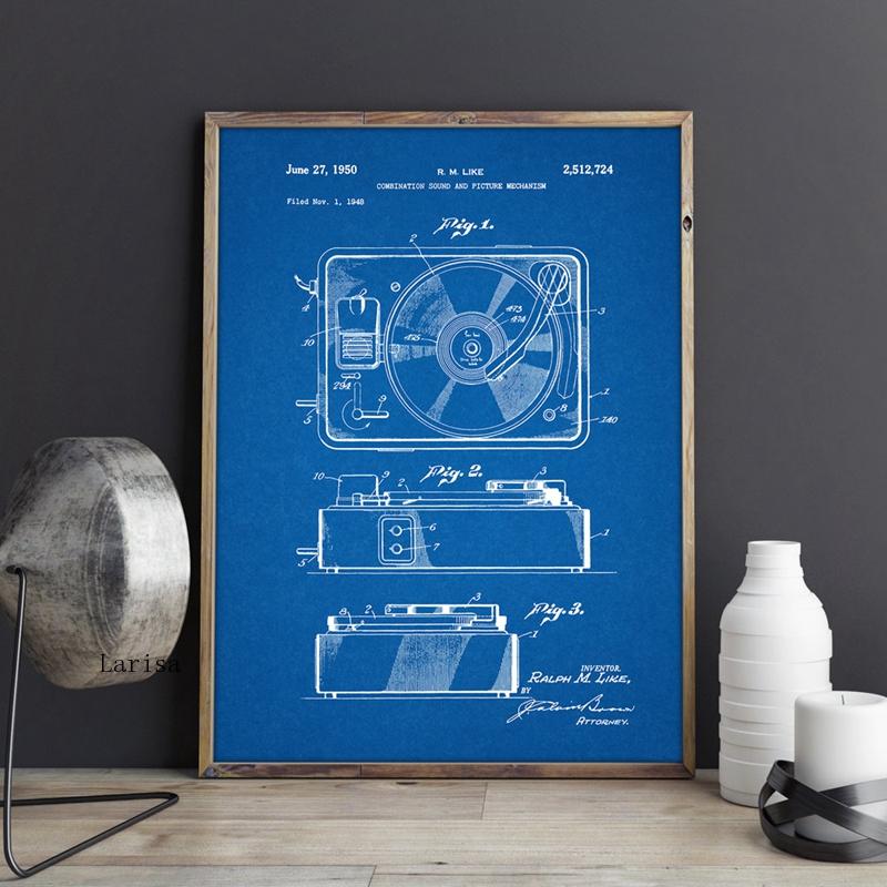 Retro Record Player Patent Blueprint Canvas Art