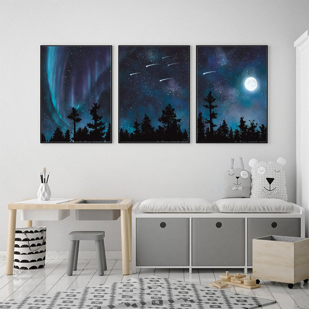 Aurora Borealis Shooting Stars Sky Moon Canvas Art