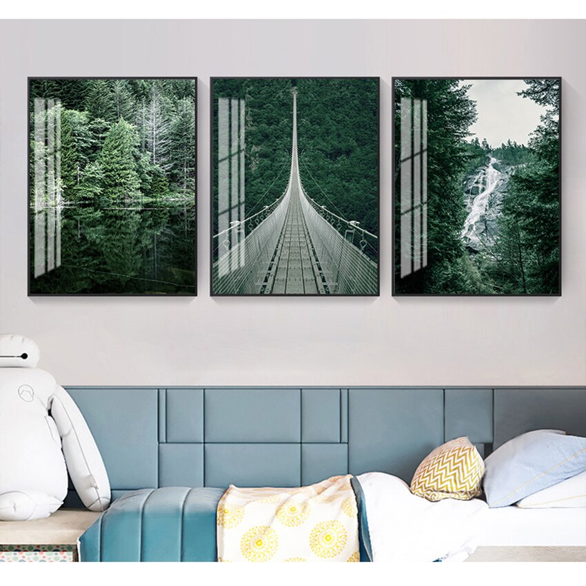 Forest Waterfall Bridge Landscape Canvas Art