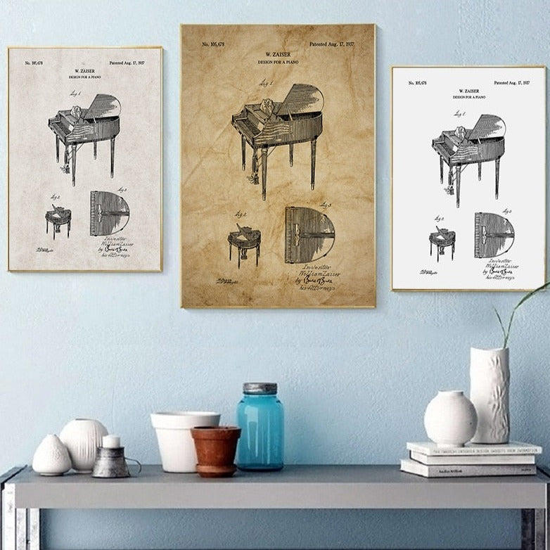 Retro Piano Patent Blueprint Canvas Art