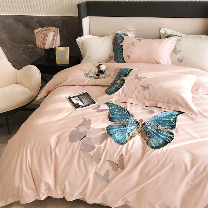 Pink Butterfly Egyptian Cotton Duvet Cover Bedding Set