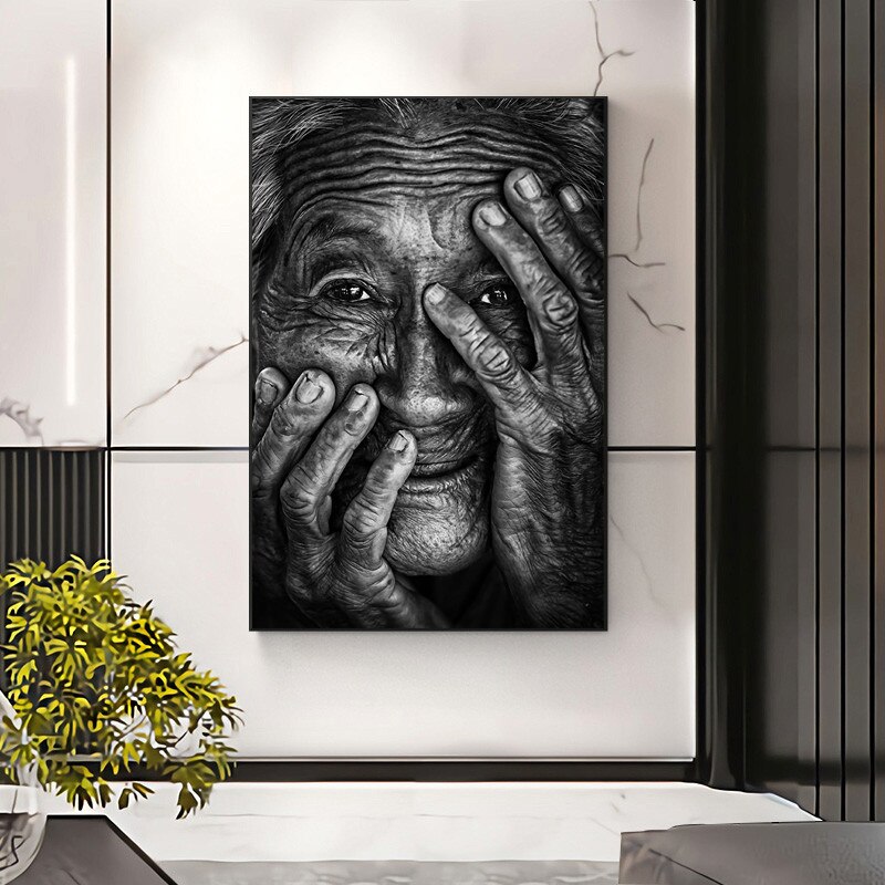 Black and White Wrinkled Old Woman Canvas Art