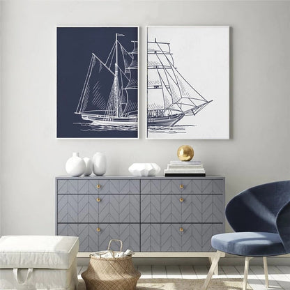 Blue and White Boat Canvas Art