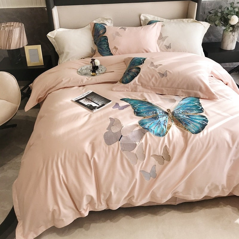 Pink Butterfly Egyptian Cotton Duvet Cover Bedding Set