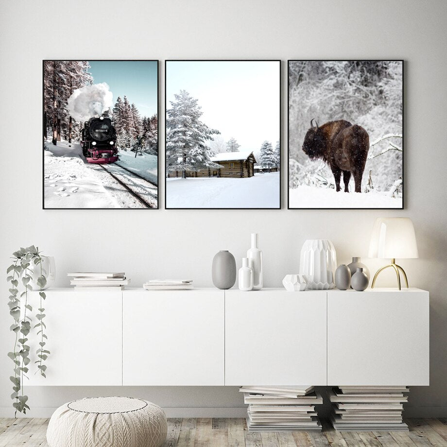 Winter Snow Forest Pine Highland Cattle Canvas Art