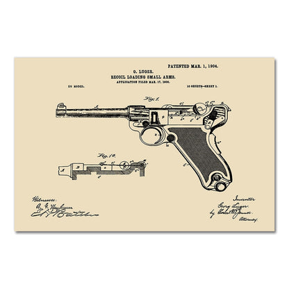 Gun Luger Pistol Patent Blueprint Canvas Art