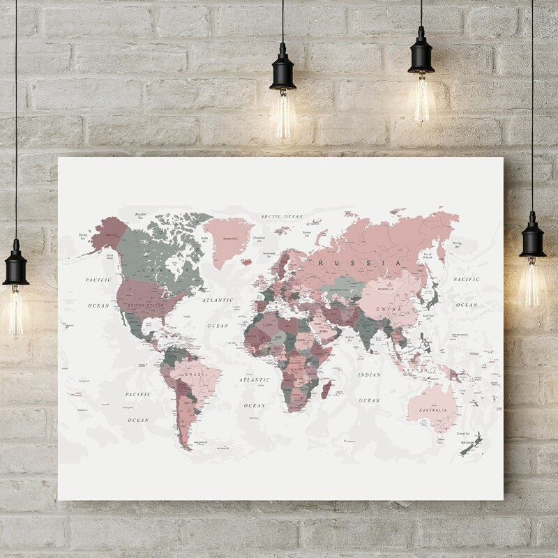 Pink World Map Canvas Art