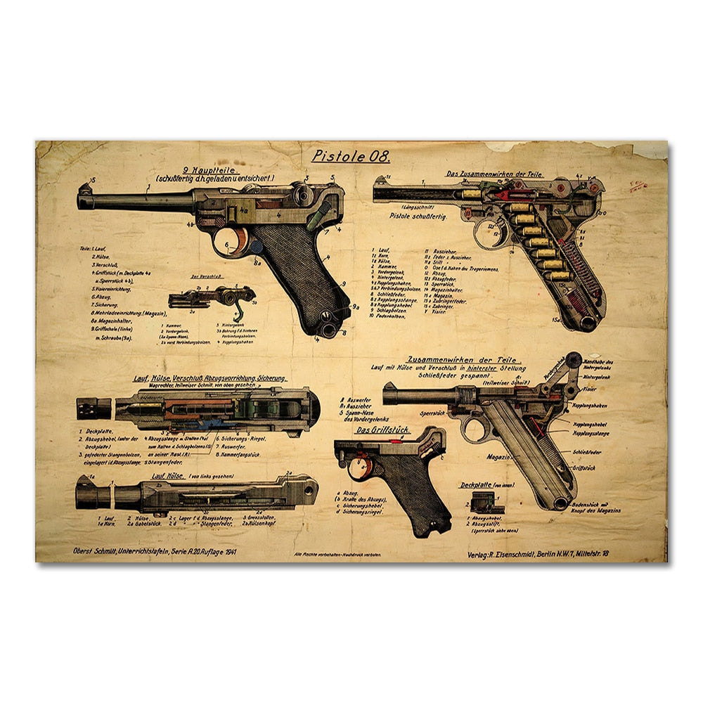 Gun Luger Pistol Patent Blueprint Canvas Art