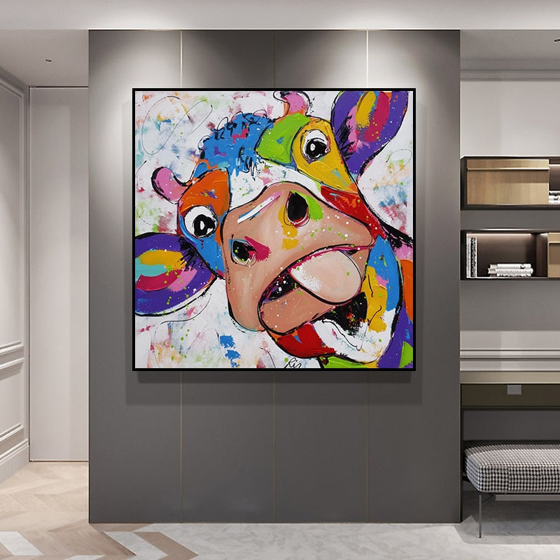 Colorful Cow Head Canvas Art