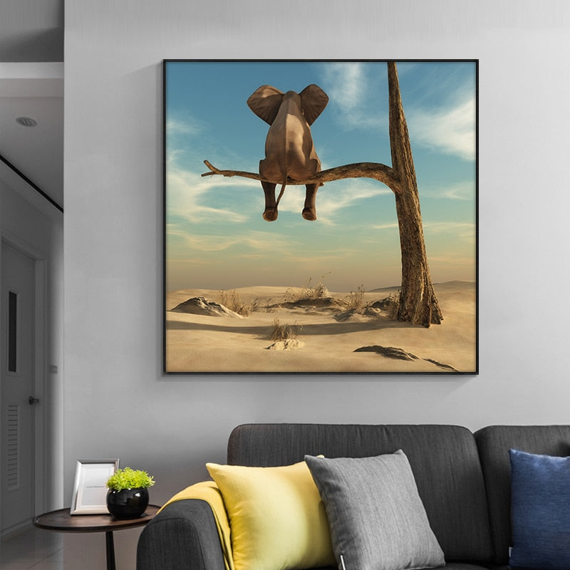 Funny Little Elephant on Tree Canvas Art