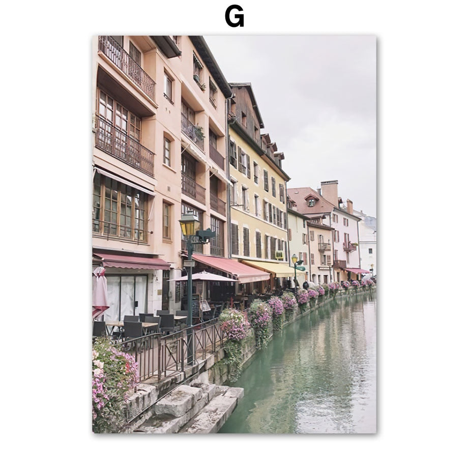 Old Town Street Small River Canvas Art