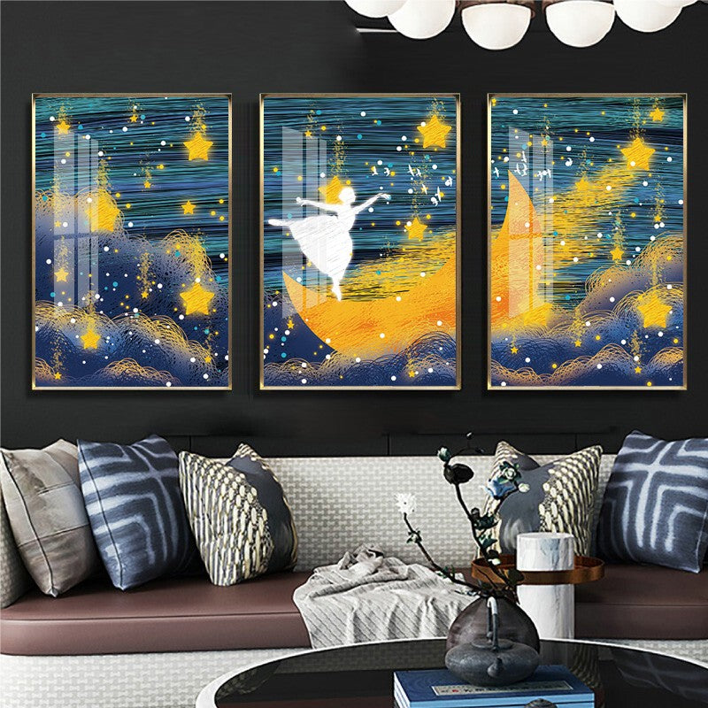 Abstract Girl Dancing On Yellow Moon Stars Canvas Art