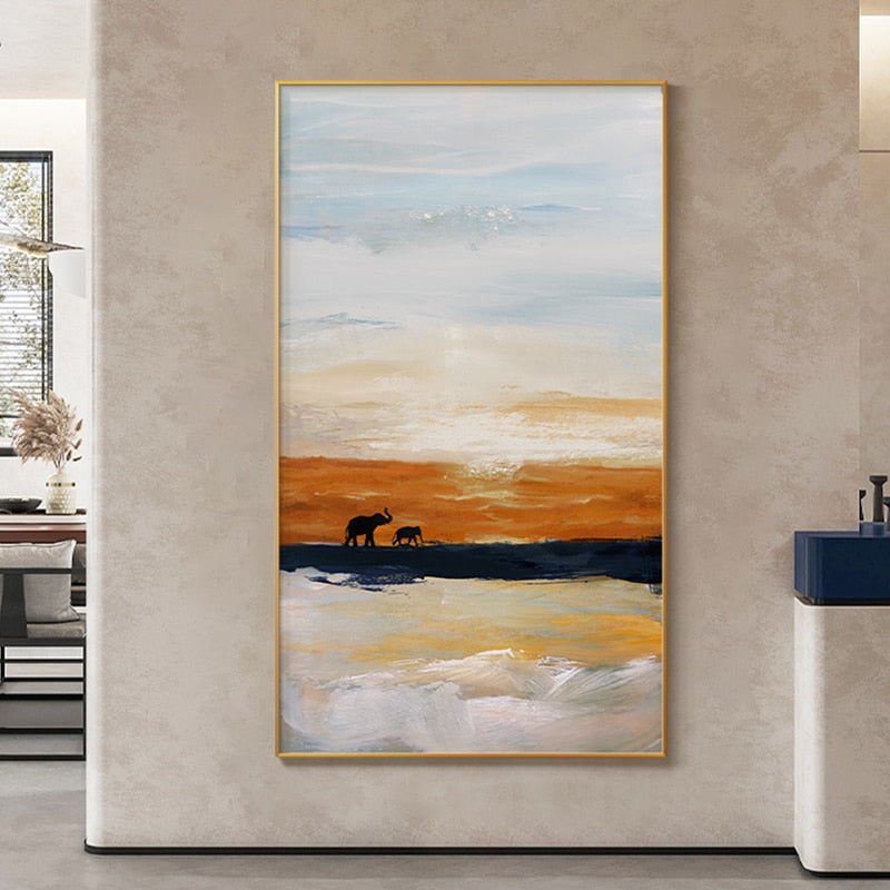 Sunset Landscape Elephant Painting Canvas Art