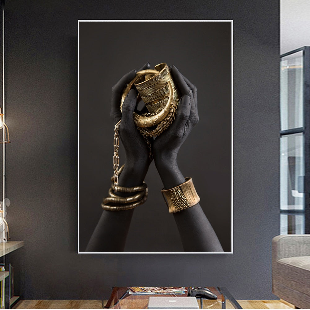 Black Woman Hand With Gold Jewelry Canvas Art