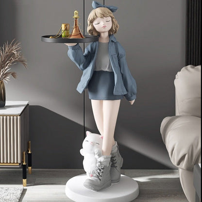 Girl in Boots Cat Big Statue with Tray