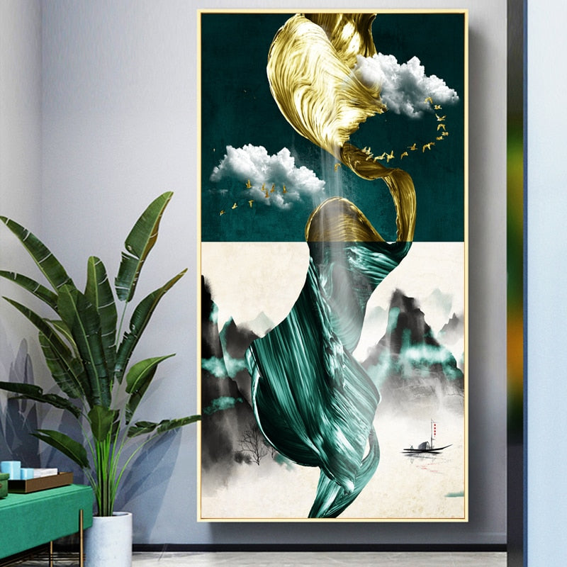 Abstract Green Gold Ribbon Canvas Art