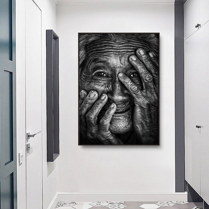 Black and White Wrinkled Old Woman Canvas Art