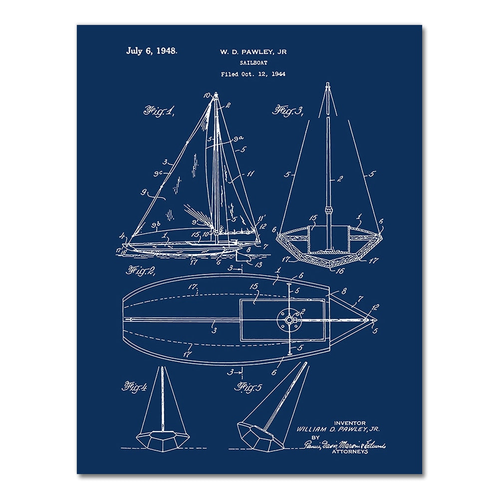 Sailboat Anchor Patent Blueprint Canvas Art