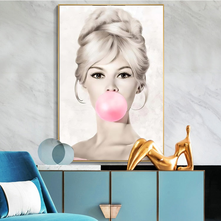 Audrey Hepburn Girl Pink Bubble Gum Stars Canvas Art