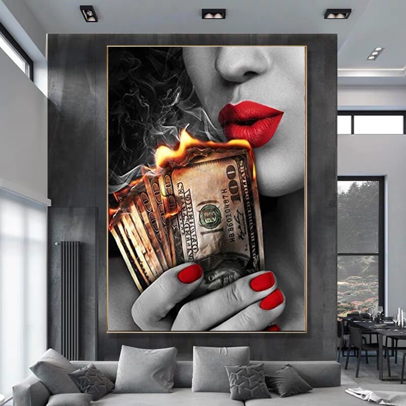 Sexy Red Lips Burning Dollars Canvas Art