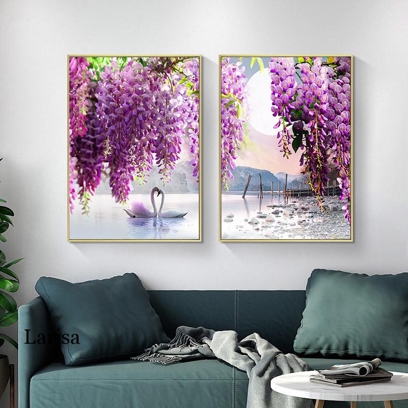 Purple Flower Tree Swan Lake Landscape Canvas Art