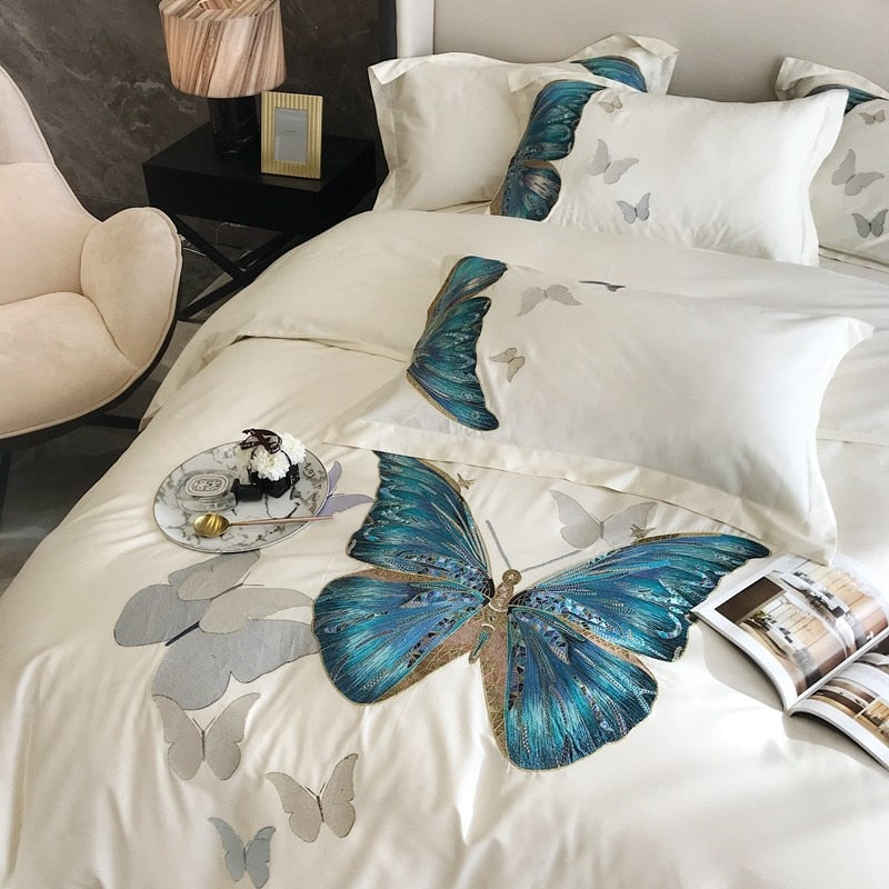 White Butterfly Egyptian Cotton Duvet Cover Bedding Set