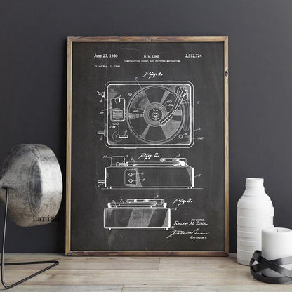 Retro Record Player Patent Blueprint Canvas Art