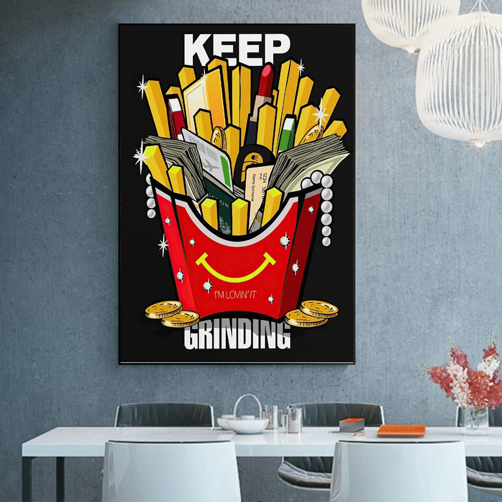 Stay Hungry And Keep Grinding Burger and Fries Motivational Canvas Art