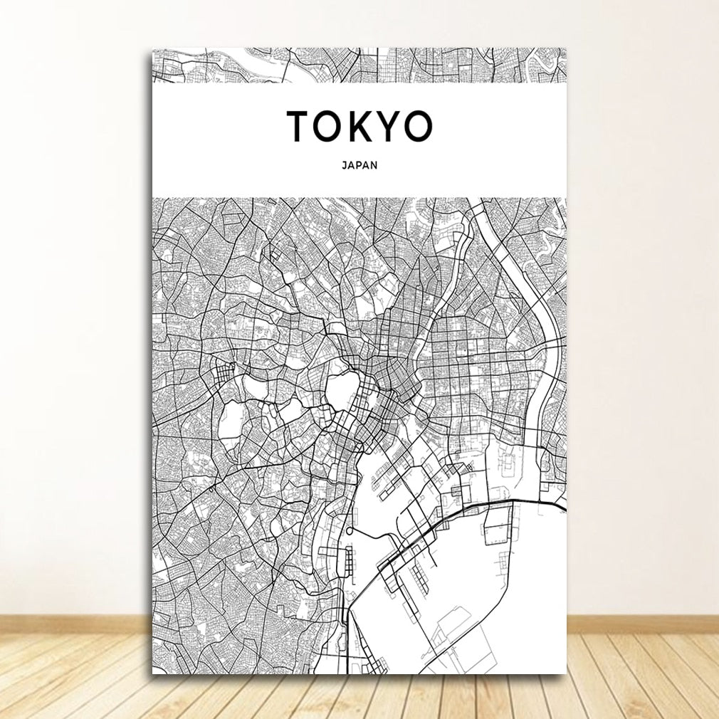 Black and White World City Map Wall Art Canvas