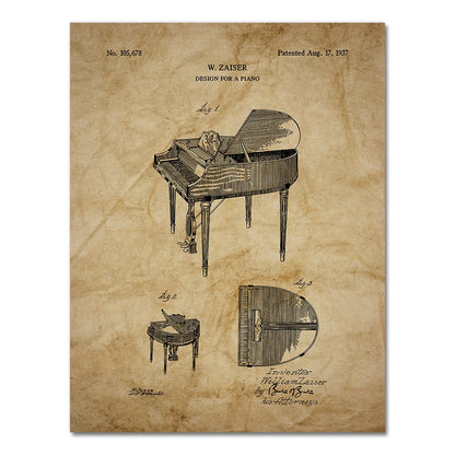 Retro Piano Patent Blueprint Canvas Art