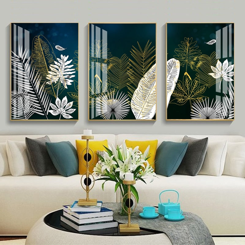 Golden White Lines Leaf Abstract Canvas Art