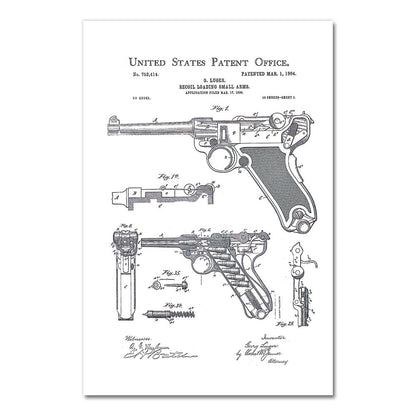 Gun Luger Pistol Patent Blueprint Canvas Art