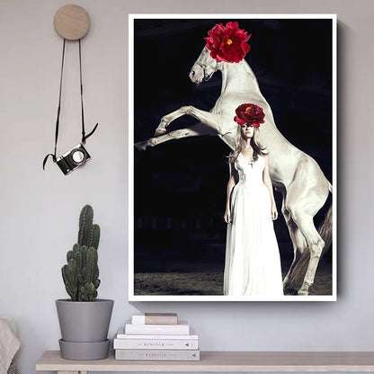 Woman and Horse Wearing Safflower Canvas Art