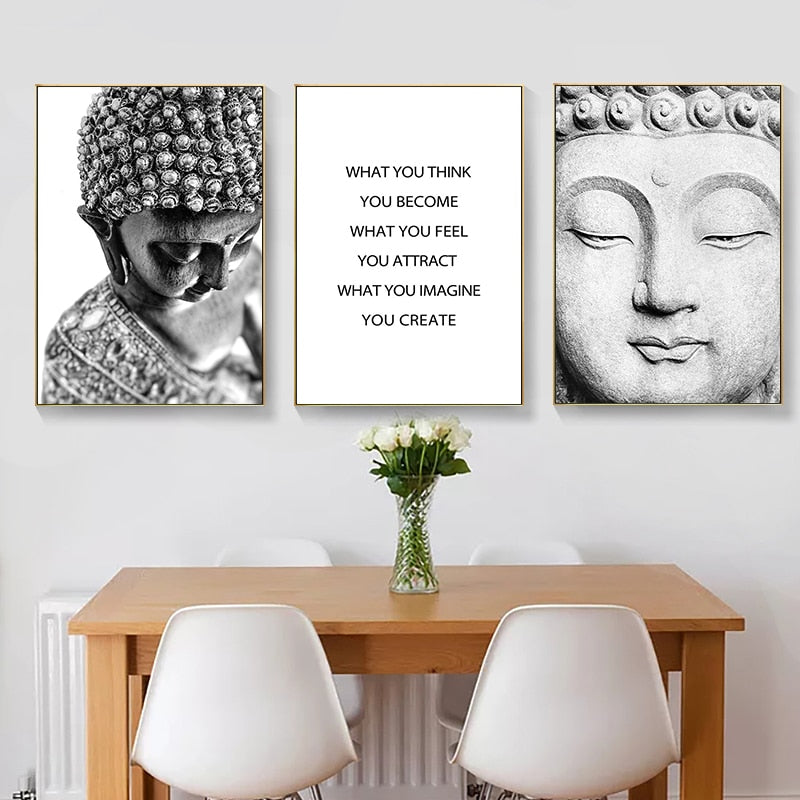 Black White Sakyamuni Buddha Statue Quotes Canvas Art