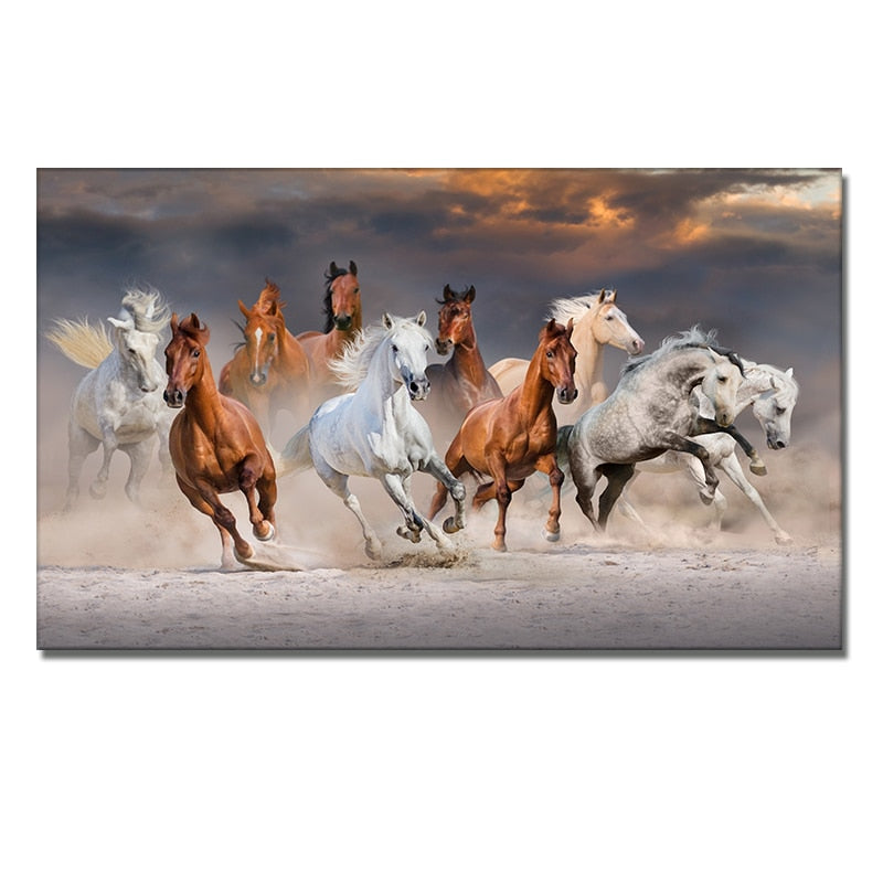 Seven Running White Horse Gold Wall Art Canvas