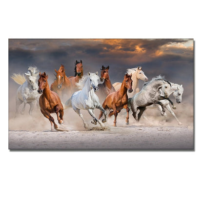 Seven Running White Horse Gold Wall Art Canvas