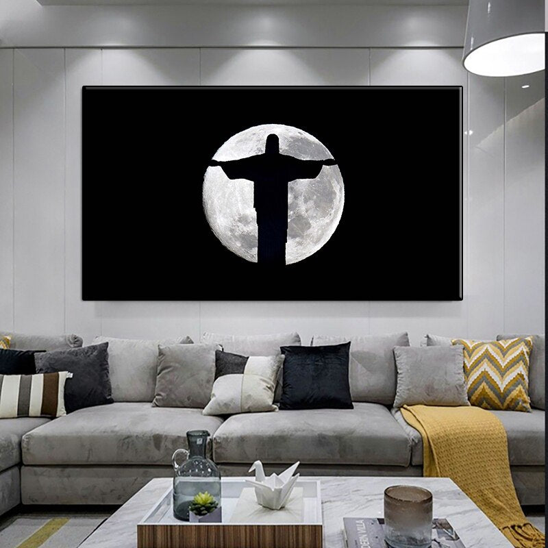 Jesus Christ Silhouette Over Full Moon Canvas Art