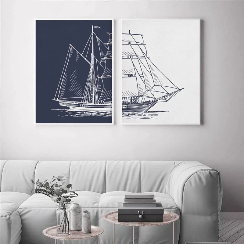 Blue and White Boat Canvas Art