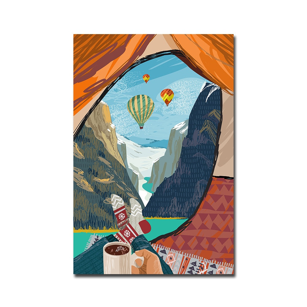 Hot Air Balloon Town Mountain Canvas Art