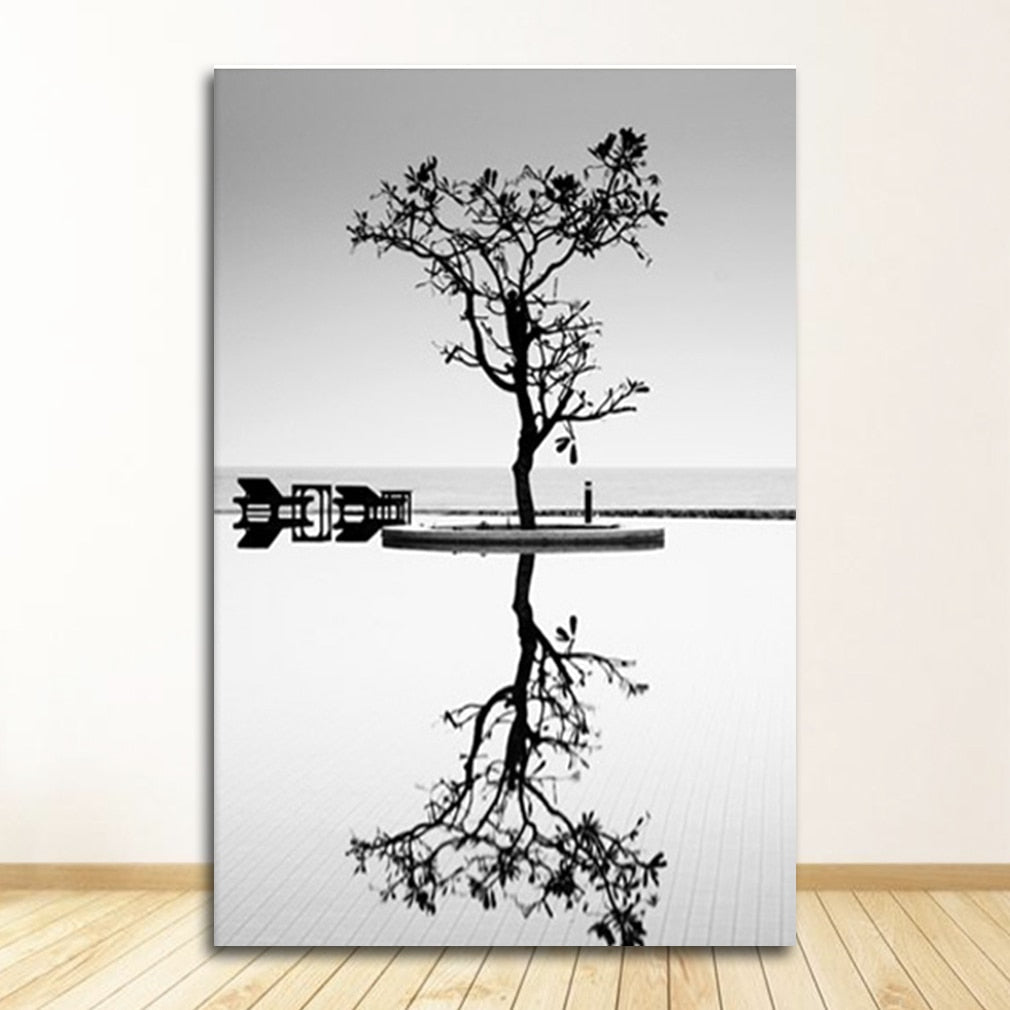 Black And White Tree Poster Minimalist Bridge Wall Art Canvas