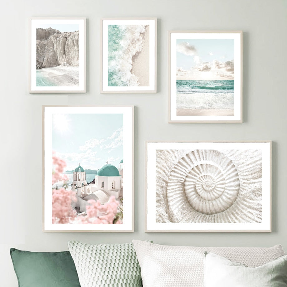 Santorini Beach Ocean Waves Sand Flower Canvas Art