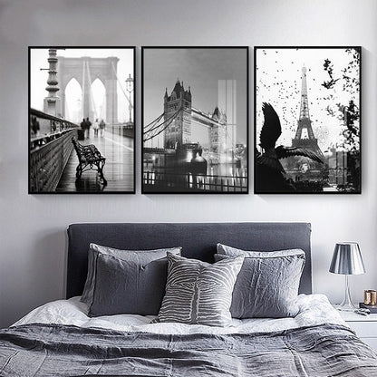 Black and White Brooklyn Bridge London Bridge Eiffel Tower Canvas Art