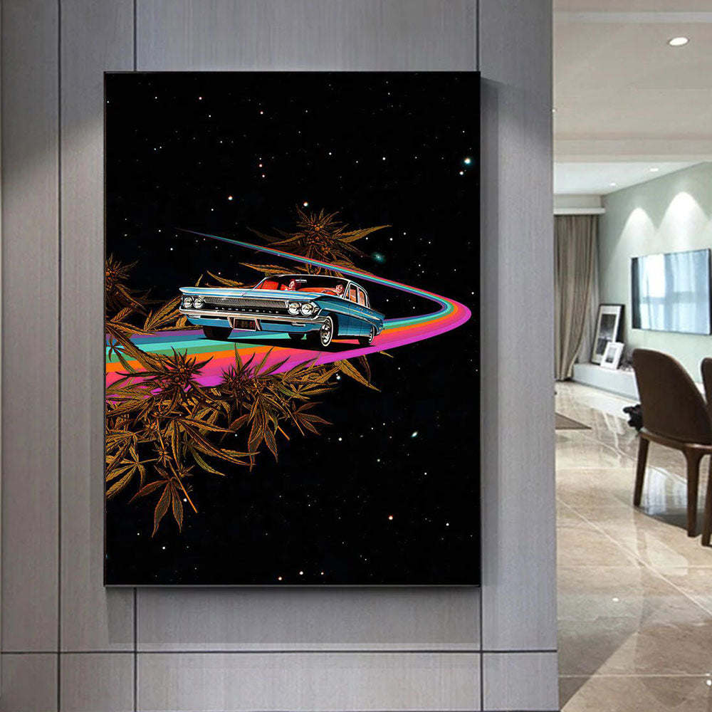 Rainbow Starry Sky Roam Astronaut Driving A Car Canvas Art