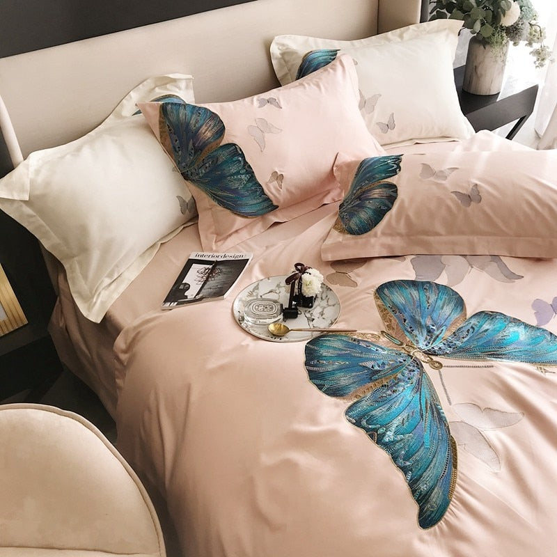 Pink Butterfly Egyptian Cotton Duvet Cover Bedding Set