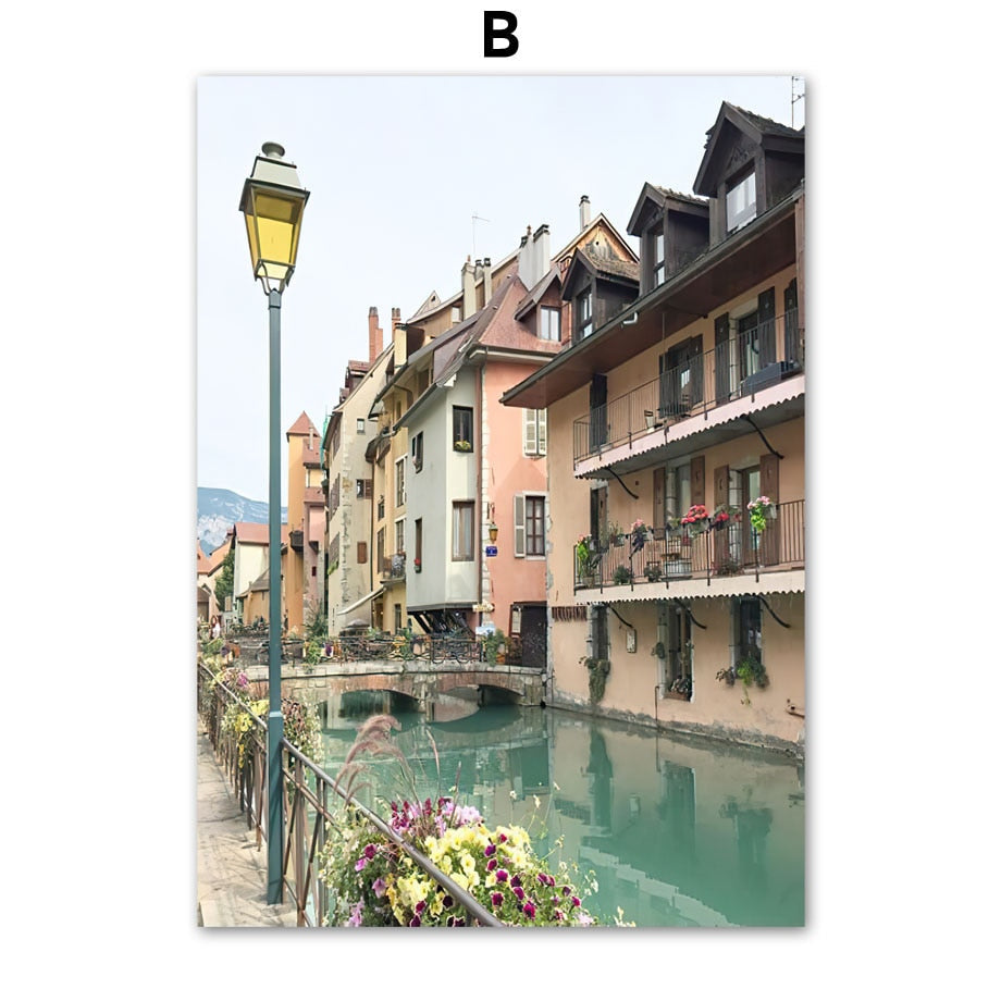 Old Town Street Small River Canvas Art