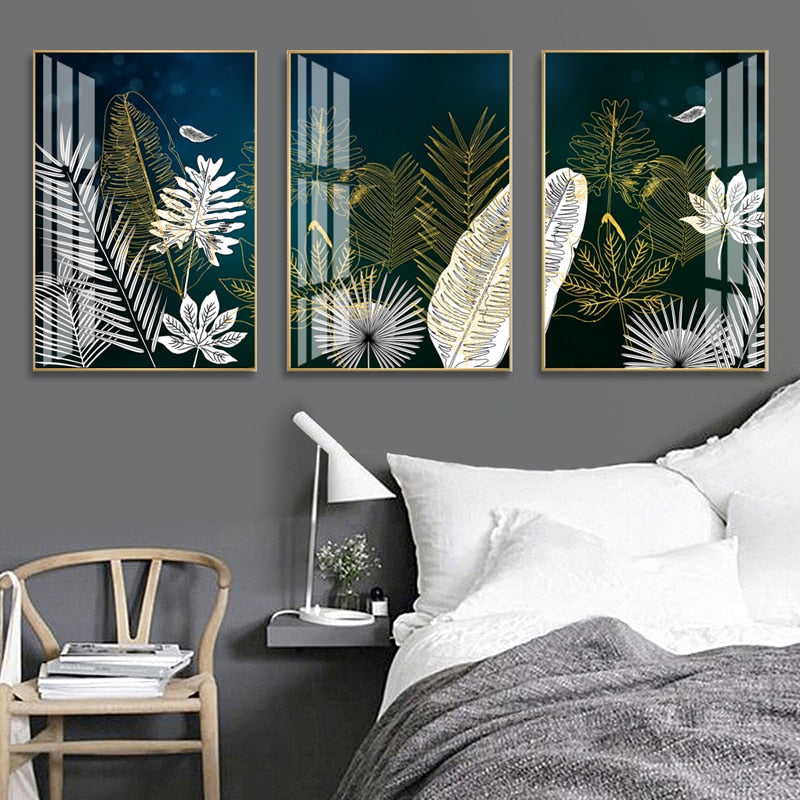 Golden White Lines Leaf Abstract Canvas Art